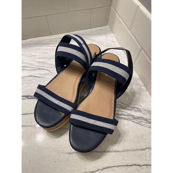 Madden Platform Cork Sandals Women's Size 8.5 Blue/White Straps Nautical Summer - Picture 3 of 6